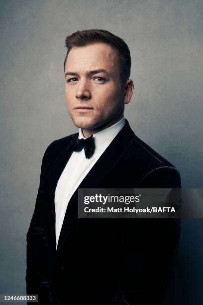 Actor Taron Egerton is photographed at EE British Academy Film Awards on February 2, 2020 in London, England.