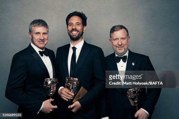 Special effects artists Dominic Tuohy, Guillaume Rocheron and Greg Butler are photographed at EE British Academy Film Awards on February 2, 2020 in...