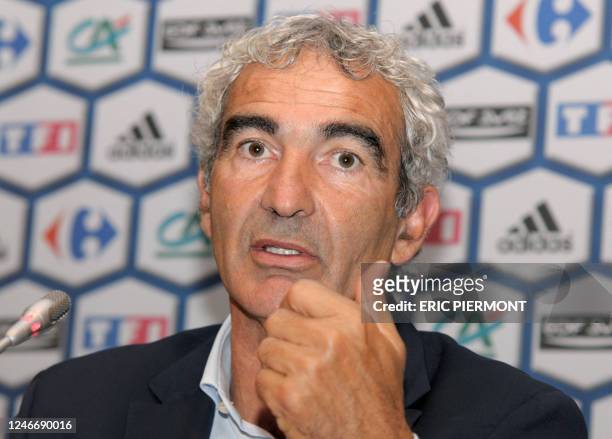 France coach Raymond Domenech gestures as he delivers a speech during a press conference at the French Football Federation headquarters on August 12...
