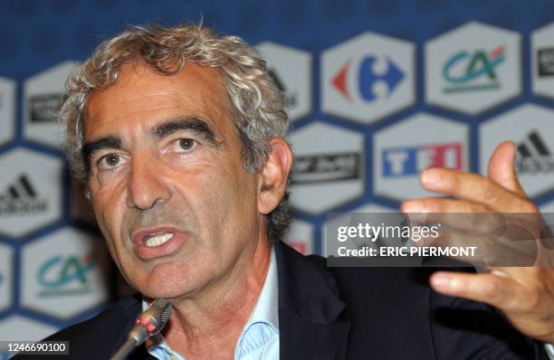 France coach Raymond Domenech delivers a speech during a press conference at the French Football Federation headquarters on August 12 in Paris....