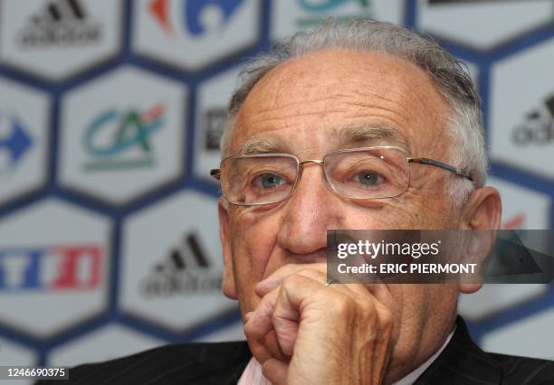 France Football Federation president Jean-Pierre Escalettes looks on during a press conference at the FFF headquarters on August 12 in Paris. France...