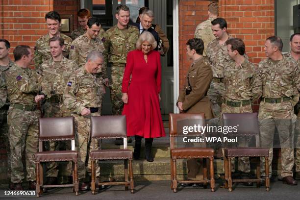 Camilla, Queen Consort and Colonel of the Grenadier Guards, arrives for a group photo as she visits Lille Barracks on January 31, 2023 in Aldershot,...