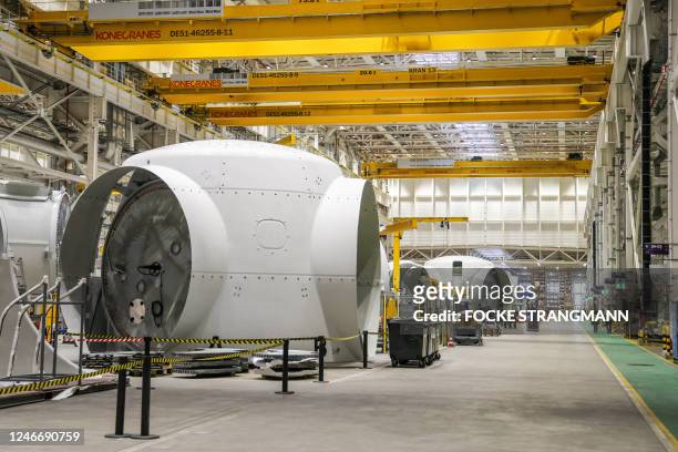General view shows a hall with wind turbines at the Siemens Gamesa factory in Cuxhaven, northwestern Germany, on January 31 on the sidelines of the...