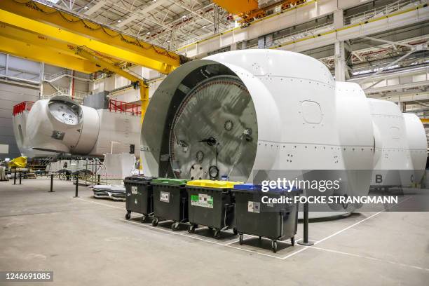 The heads of wind turbines are pictured at the Siemens Gamesa factory in Cuxhaven, northwestern Germany, on January 31 on the sidelines of the visit...