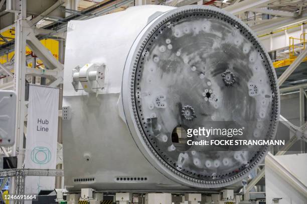 Rotor hub of wind turbines is pictured at the Siemens Gamesa factory in Cuxhaven, northwestern Germany, on January 31 on the sidelines of the visit...