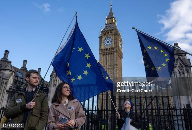 Anti-Brexit campaigners wave European Union flags outside the Houses of Parliament on January 31, 2023 in London, United Kingdom. January 31, 2023...