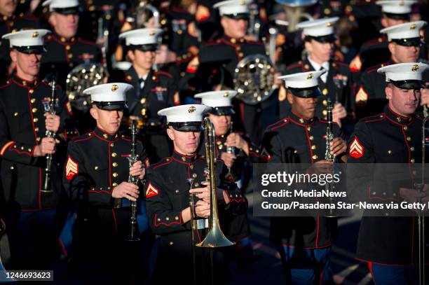 Marine Corps West Coast Composite Band marches along Colorado Boulevard during the 2016 Rose Parade in Pasadena, California on January 1, 2016.