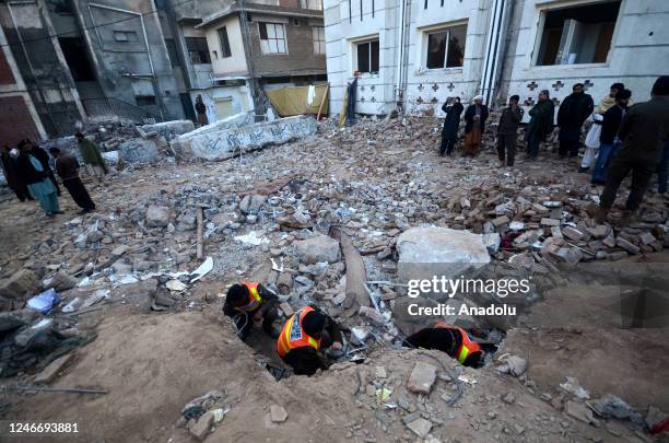 View of damage of Monday's suicide bombing at a mosque in Peshawar, Pakistan, Tuesday, Jan. 31, 2023. The death toll from the suicide bombing at a...