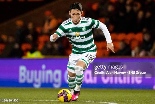 Oh Hyeon-gyu in action for Celtic during a cinch Premiership match between Dundee United and Celtic at Tannadice, on January 29 in Dundee, Scotland.