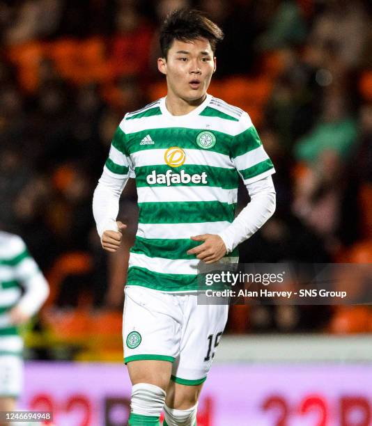 Oh Hyeon-gyu in action for Celtic during a cinch Premiership match between Dundee United and Celtic at Tannadice, on January 29 in Dundee, Scotland.