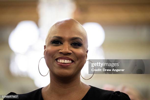 Rep. Ayanna Pressley speaks during a news conference to announce a joint resolution to affirm the ratification of the Equal Rights Amendment on...