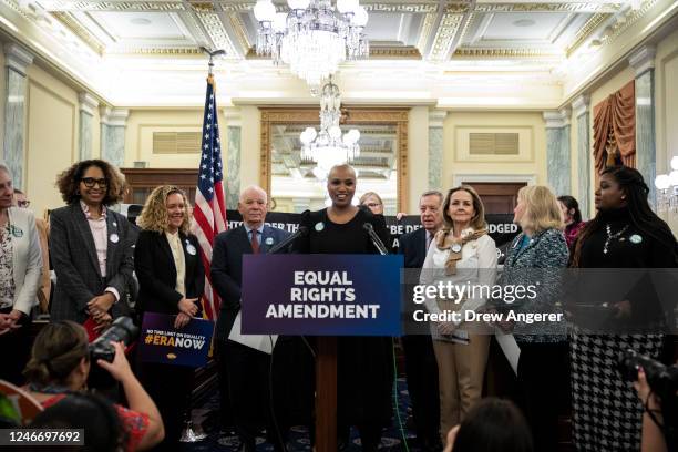 Rep. Ayanna Pressley speaks during a news conference to announce a joint resolution to affirm the ratification of the Equal Rights Amendment on...