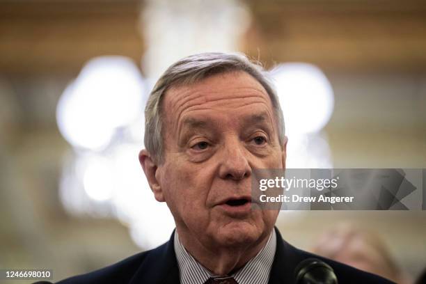 Sen. Dick Durbin speaks during a news conference to announce a joint resolution to affirm the ratification of the Equal Rights Amendment on Capitol...