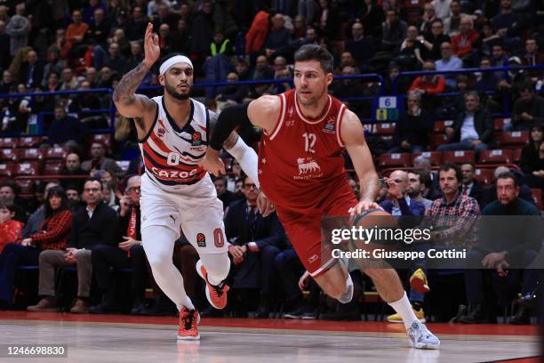 Billy Baron, #12 of EA7 Emporio Aramani Milan in action during the 2022-23 Turkish Airlines EuroLeague Regular Season Round 22 game between EA7...