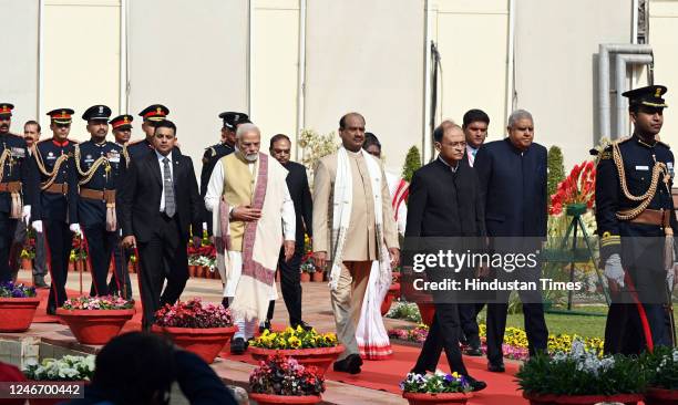 President Droupadi Murmu with Vice President Jagdeep Dhankhar, Prime Minister Narendra Modi, and Lok Sabha Speaker Om Birla proceeds to address the...
