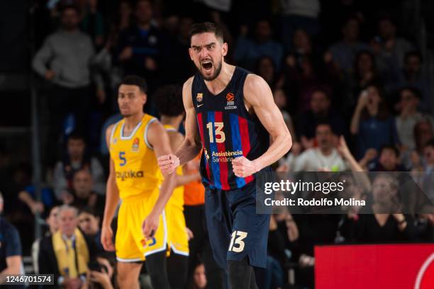 Tomas Satoransky, #13 of FC Barcelona celebrates at the end of the 2022-23 Turkish Airlines EuroLeague Regular Season Round 22 game between FC...