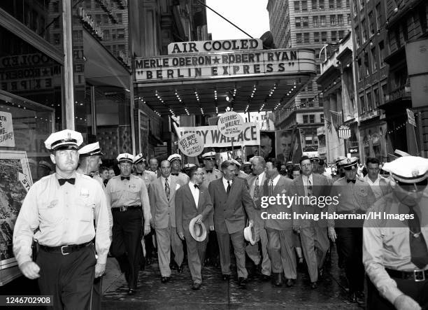 American politician, journalist, farmer and former Vice President Henry A. Wallace and running mate American politician, entertainer, businessman,...