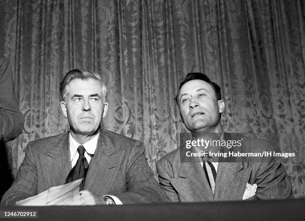 American politician, journalist, farmer and former Vice President Henry A. Wallace , sits with his running mate American politician, entertainer,...