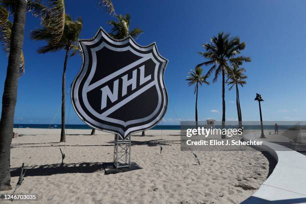 The NHL logo displayed along with palm trees at the Truly Hard Seltzer NHL All-Star Beach Festival venue on January 31, 2023 at Fort Lauderdale Beach...