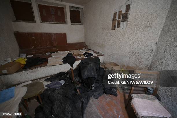 This photograph taken in Kherson on January 31, 2023 shows a basement of the regional police headquarters, allegedly used as a torture site of...