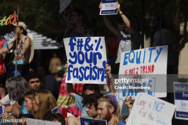 Students during a Defend New College protest in Sarasota, Florida, US, on Tuesday, Jan. 31, 2023. Governor DeSantis blasted New College of Florida...