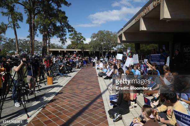 Students during a Defend New College protest in Sarasota, Florida, US, on Tuesday, Jan. 31, 2023. Governor DeSantis blasted New College of Florida...