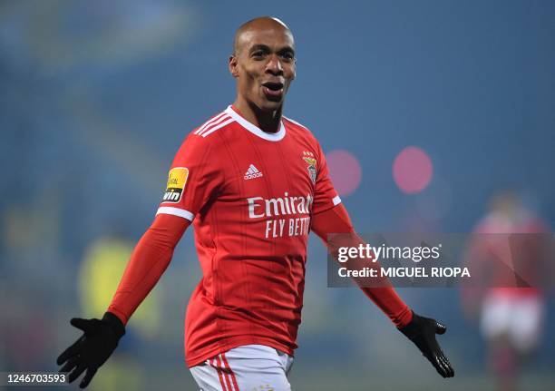 Benfica's Portuguese midfielder Joao Mario celebrates after scoring a goal during the Portuguese league football match between FC Arouca and SL...