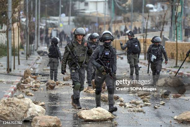 Israeli police officers on guard in the Jabal Mukaber neighborhood during the demonstration. Palestinians in East Jerusalem, the town of Jabal Al...