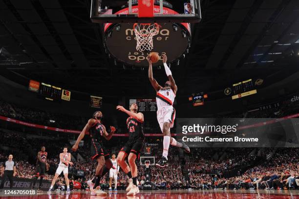 Jerami Grant of the Portland Trail Blazers drives to the basket during the game against the Toronto Raptors on January 28, 2023 at the Moda Center...