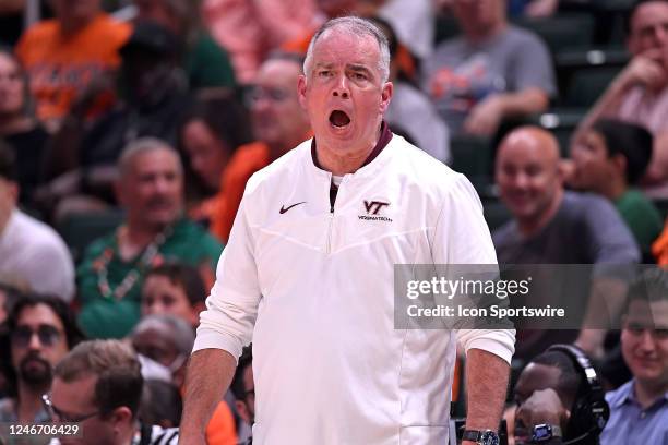 Virginia Tech Head Coach Mike Young shouts instructions to his team in the second half as the Miami Hurricanes faced the Virginia Tech Hokies on...