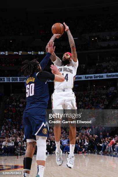Brandon Ingram of the New Orleans Pelicans shoots the ball during the game against the Denver Nuggets on January 31, 2023 at the Ball Arena in...