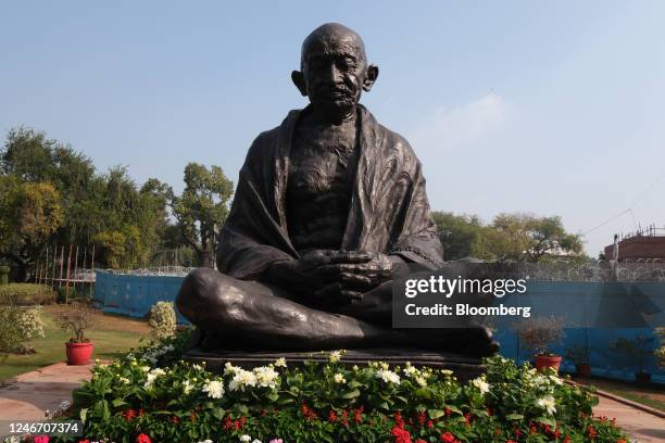 Statue of Mahatma Gandhi in the premises of the Parliament House, not pictured, on the opening day of the Budget Session in New Delhi, India, on...