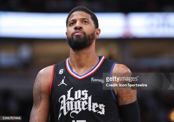 Los Angeles Clippers Guard Paul George looks on during a NBA game between the Los Angeles Clippers and the Chicago Bulls on January 31, 2023 at the...