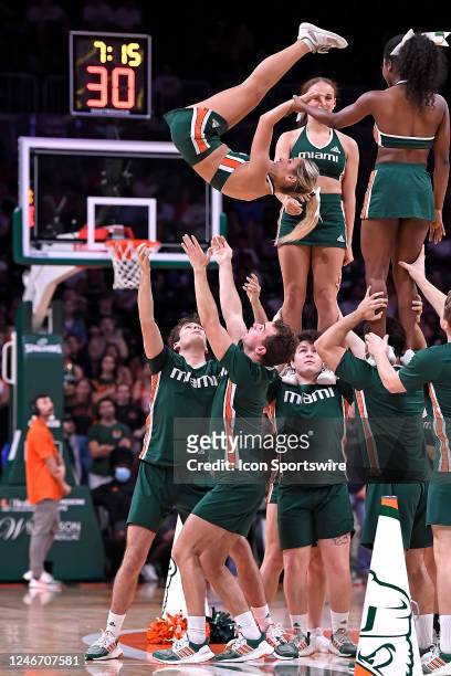 Miamis cheerleaders entertain the crowd during a break in play in the second half as the Miami Hurricanes faced the Virginia Tech Hokies on January...