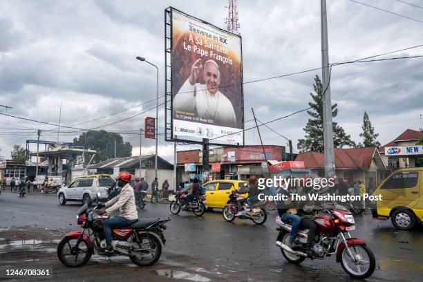Banner welcoming the pope to the DRC in the streets of Goma, Democratic Republic of Congo, Monday, Jan. 30, 2023.