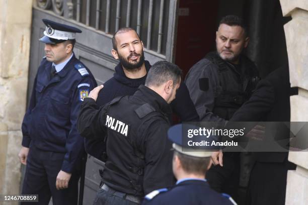Former kickboxer Andrew Tate and his brother Tristan arrive in court to attend their appeal in Bucharest, Romania on February 01, 2023.
