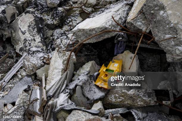 Toy lays on rubble after being left by the children who had to leave their homes due the Russia-Ukraine in Kharkiv, Ukraine on January 25, 2023.