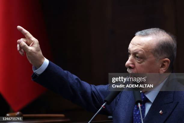 Turkish President and Leader of the Justice and Development Party Recep Tayyip Erdogan speaks during the his party's group meeting at the Turkish...