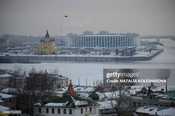 View shows the Nizhny Novgorod football stadium and Alexander Nevsky Cathedral in Nizhny Novgorod on January 31, 2023.