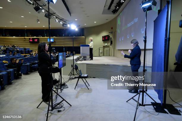 Commission's President Ursula von der Leyen talks to media in the Berlaymont, the EU Commission headquarter on February 1, 2023 in Brussels, Belgium....