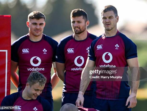 Quinta da Lago , Portugal - 1 February 2023; Garry Ringrose, Ross Byrne and Jonathan Sexton during Ireland rugby squad training at The Campus in...