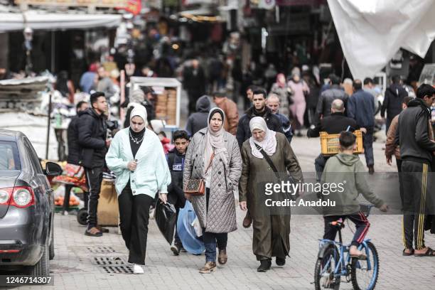 Palestinian women wearing hijab walk at a street during the World Hijab Day in Gaza City, Gaza on February 1, 2023. World Hijab Day celebrated on...