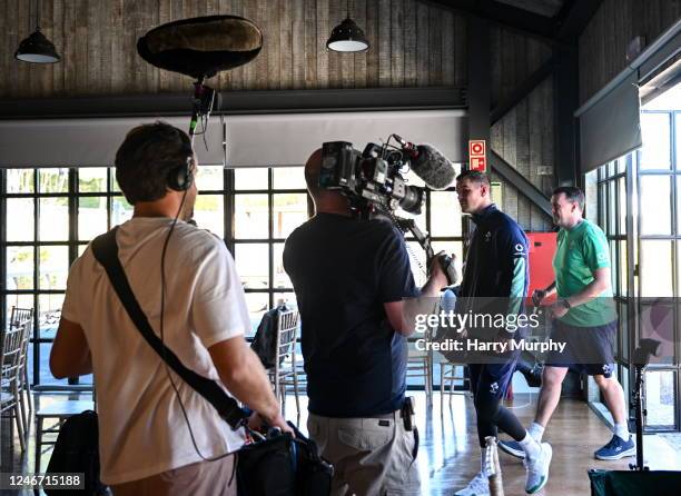 Quinta da Lago , Portugal - 1 February 2023; Jonathan Sexton and Ireland team media manager David O'Siochain arrive for a media conference whilst...