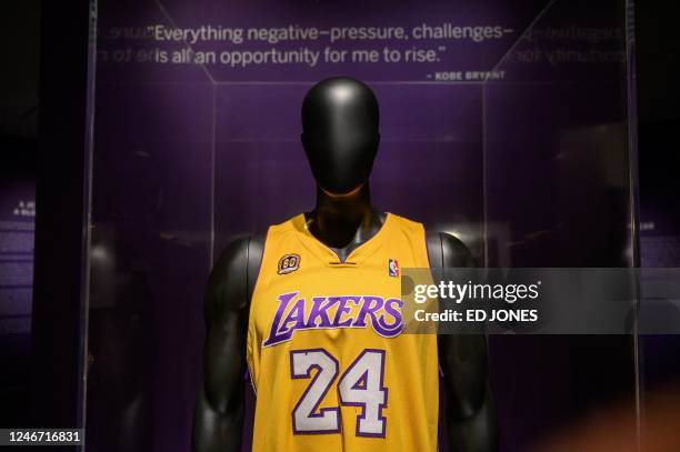 Jersey that belonged to late basketball star Kobe Bryant, expected to fetch between 5-7 million USD, is displayed at Sotheby's auction house in New...