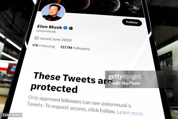 Elon Musk Twitter account turned into private one is seen on a mobile phone screen for illustartion photo. Krakow, Poland on February 1, 2023. Elon...