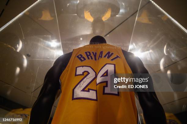 Jersey that belonged to late basketball star Kobe Bryant, expected to fetch between 5-7 million USD, is displayed at Sotheby's auction house in New...