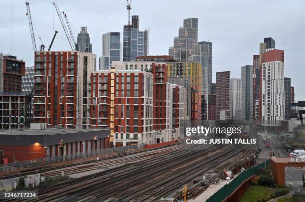 Single train is pictured on rail tracks leading toward Vauxhall train station in London, on February 1, 2023 during a day of strike action. - Half a...