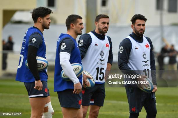 France's Romain Ntamack, Thomas Ramos, Melvyn Jaminet and Antoine Hastoy take part in a training session at the Bourret stadium in Capbreton on...