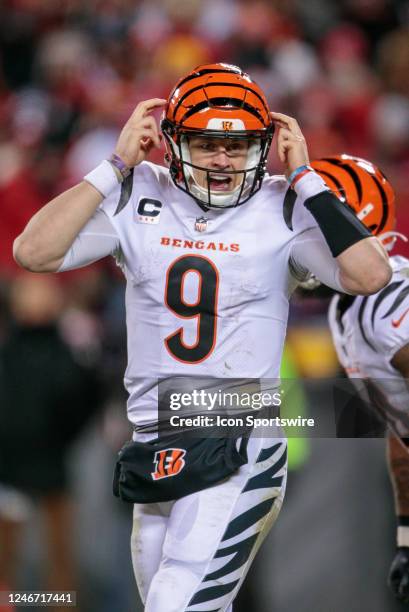 Cincinnati Bengals quarterback Joe Burrow motions to the offense during a play against the Kansas City Chiefs on January 29th, 2023 at Arrowhead...