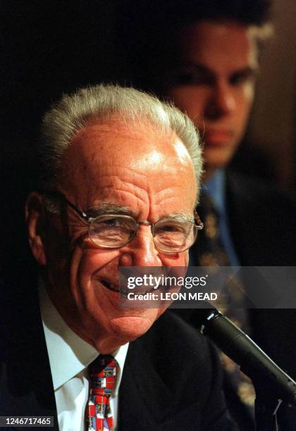 Media moghul Rupert Murdoch speaks at a press conference 13 October in Adelaide where he warned that the world was slipping into recession. Murdoch,...
